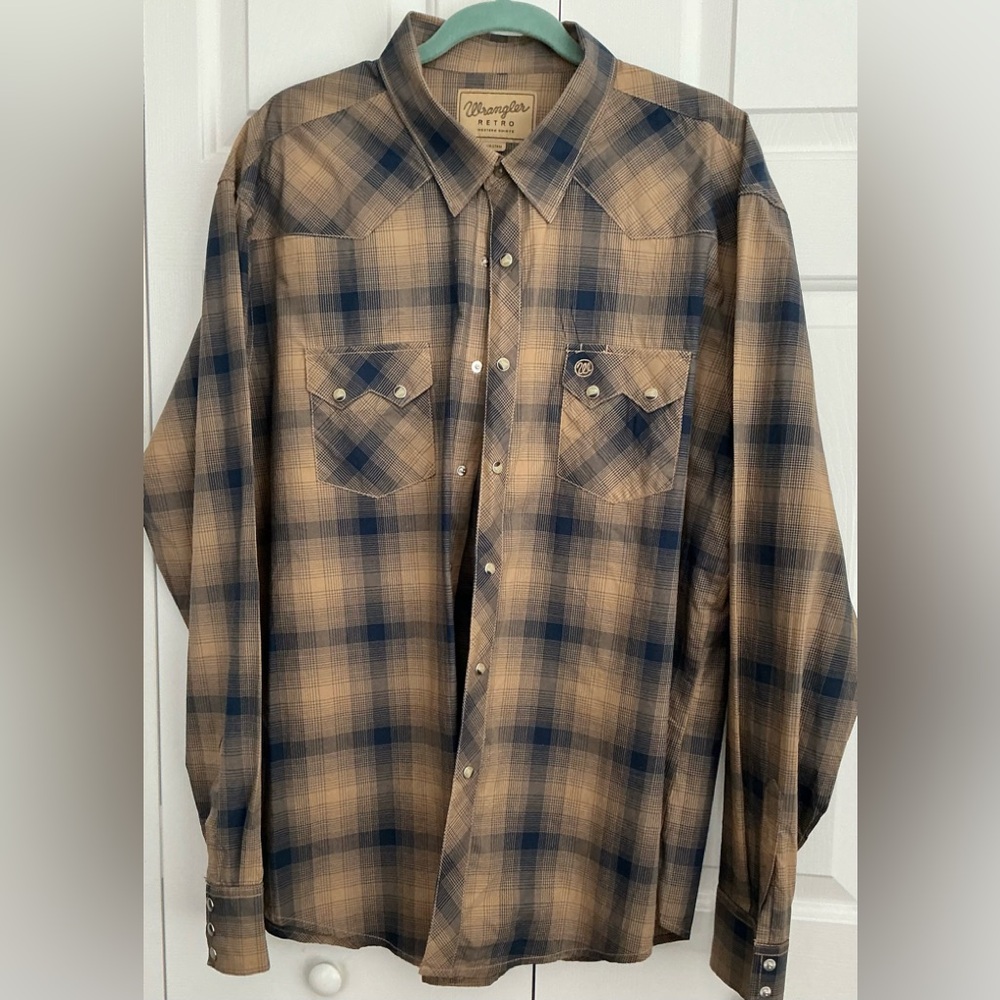 Wrangler Retro Western Plaid Snap Shirt Men’s XL Tan Navy Long Sleeve